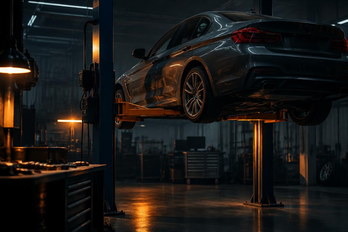 Voiture soulevée sur un pont élévateur dans l'atelier