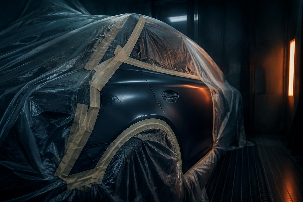 Voiture masquée de ruban et de pellicule avant la peinture