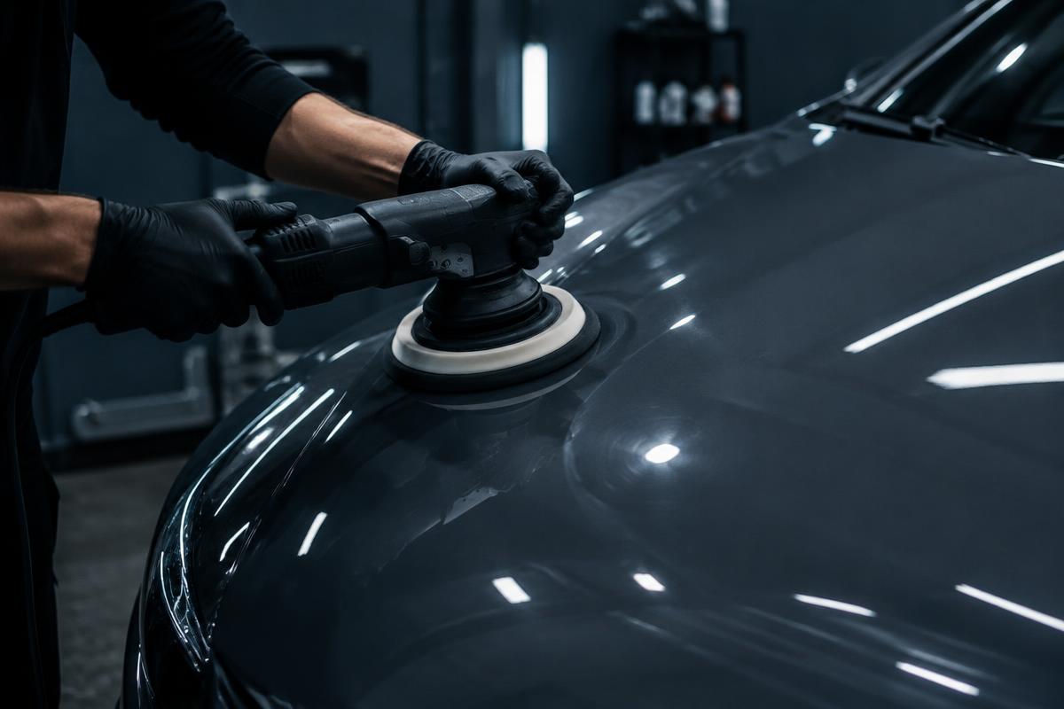 Carrossier lustrant un capot fraîchement repeint