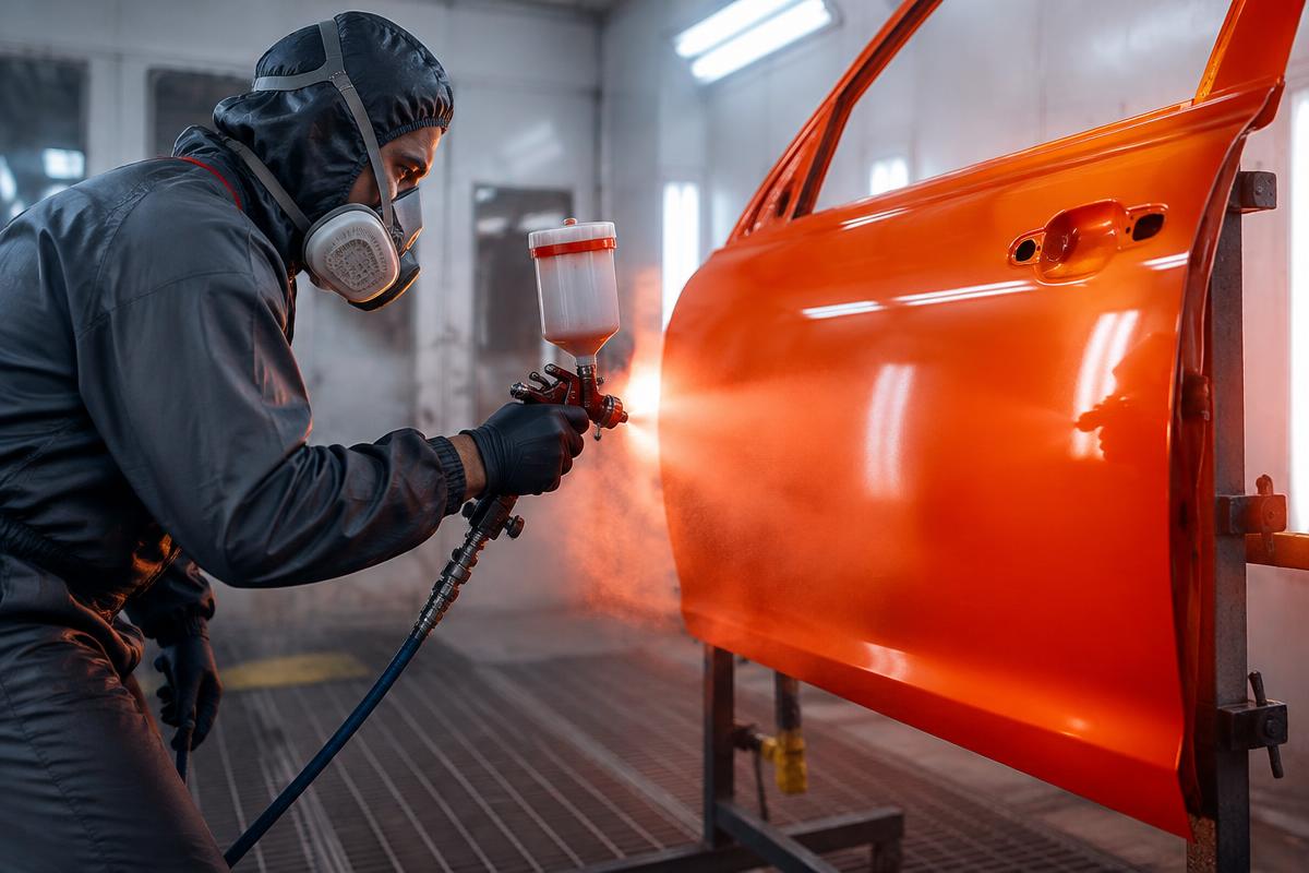 Technicien peignant une portière en cabine de peinture